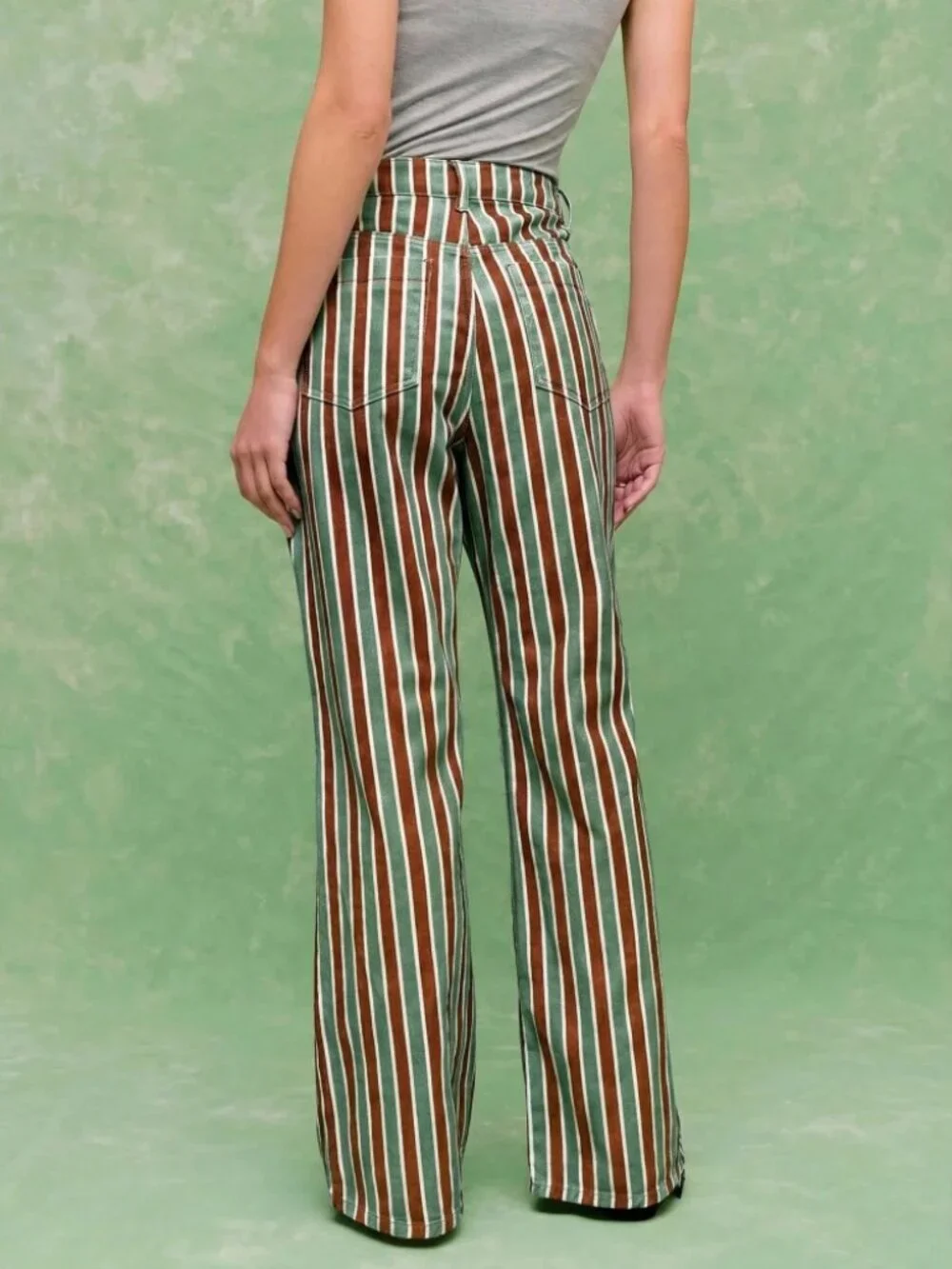 Green & Brown Striped Flare Denim Jeans with Front Pockets